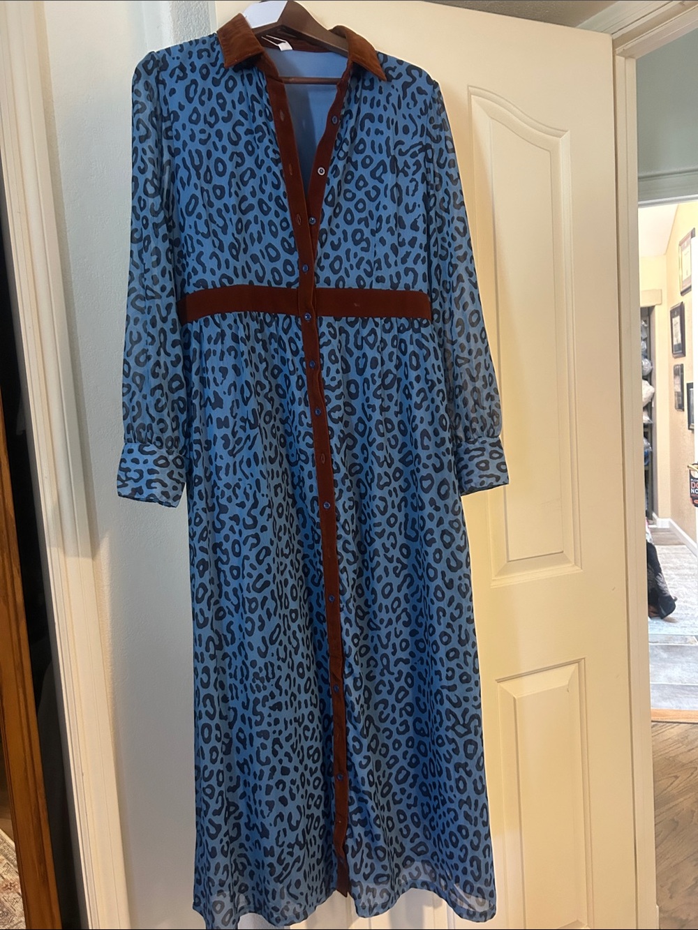 Blue Leopard Print Long Shirt Dress with Brown Trim - Women's Jacket/Coat